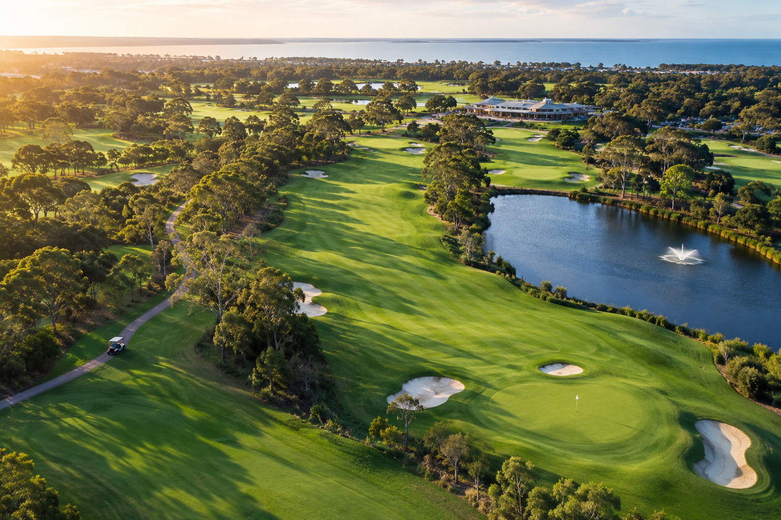 Aerial view of an Australian golf course, clubhouse and coastline at sunset